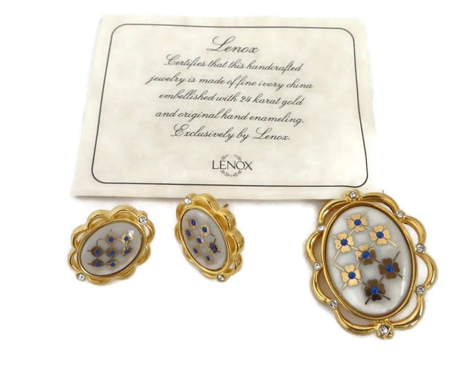 Lenox China Brooch, Earrings - Vintage Blue Dot Ivory China Demi Parure, Gift for Her, Gift Boxed