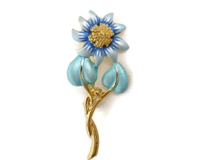 Vintage Enameled Gold Tone Brooch - Daisy Flower Enameled Pin, Matte Blue Green Flower Gift Idea