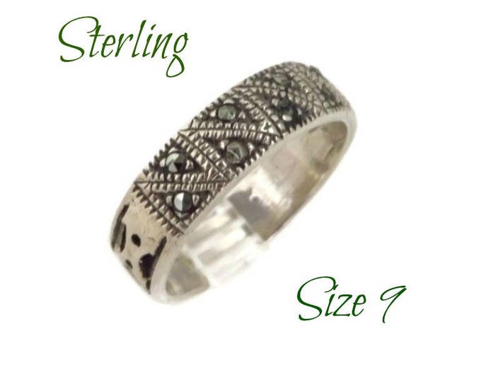 Sterling 925 Marcasite Ring, Vintage Unisex Silver Wedding Band, Size 9