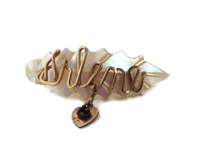 Mother of Pearl Name Brooch, Vintage Carved Shell Brooch, Gold Wire Script "Arlene", Dangling Heart Red Bead Brooch