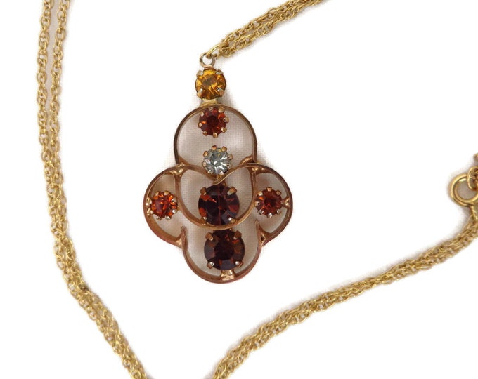 Vintage Orange Rhinestone Pendant, Gold Filled Chain Link Necklace, 24" Length