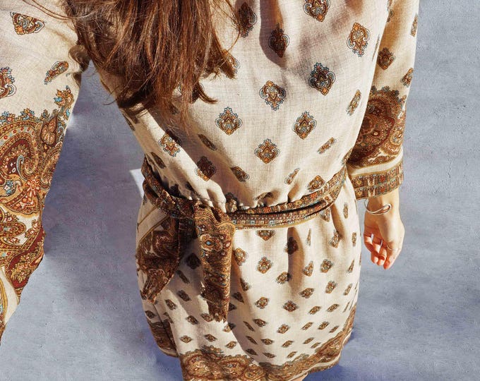 Vintage Paisley Dress, Wool Midi Dress, Casual Dress, Everyday Dress, Loose Dress, Long Sleeve Dress, Boho Dress, 1970's Dress, Bell Sleeve
