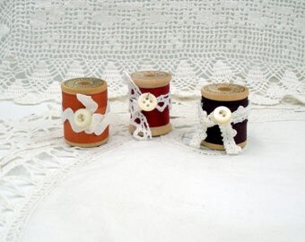 Vintage Wooden Spools of Thread-Set of Three-Rust, Maroon, and Burgundy