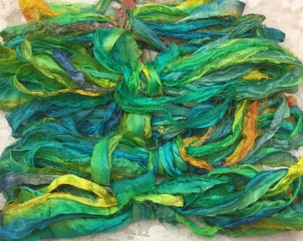 Hand dyed sari silk ribbon 1/2 to 1" wide 5 yds blues yellows greens embellishment costumes yarn quilting spinning knitting mixed media