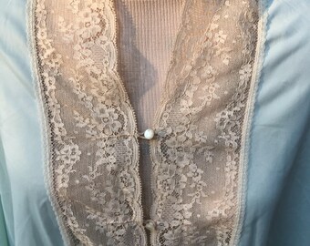 1970's Night Gown, Vintage Lingerie,Pale blue Slinky Nylon, with ecru lace inset, XL