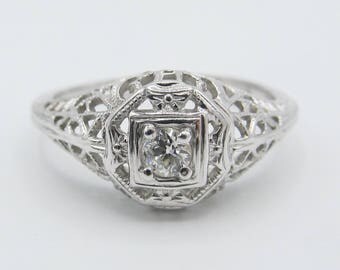 Art Deco Old European Cut Diamond Filigree Engagement Ring 18k White Gold 0.10ct/ Antique Vintage Wedding Bridal