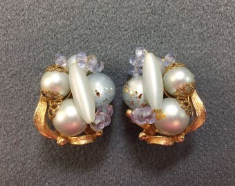 Big Blue Beaded Clip Earrings-as is. Free shipping