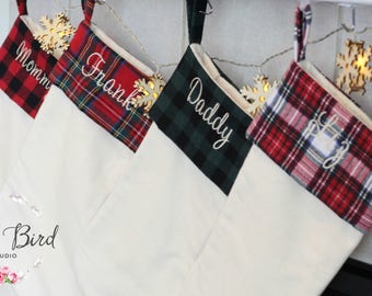 Plaid Personalized Stockings, Christmas Stockings, Burlap Stockings, Flannel Stockings, Mom Stocking, Christmas Decor, Holiday Stockings,