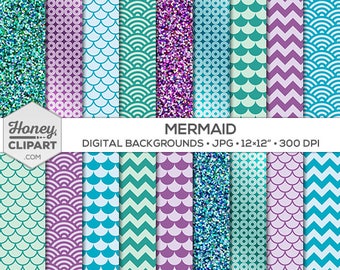 Mermaid digital paper / teal purple and aqua mermaid clipart / mermaid party printable download / mermaid backdrop / glitter scale scallop