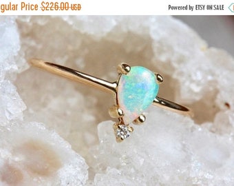 ON SALE 14k Pear Opal Ring, Teardrop Opal Ring, Tear Ring, Prong Setting, October Birthstone, Solid Gold, Tiara Ring Ring, Floating Stone