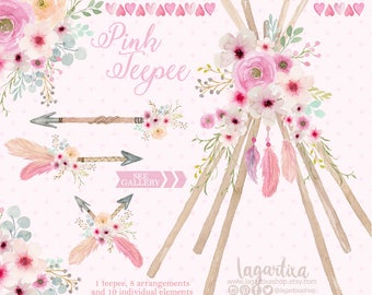 Teepee, Tipi and floral Watercolor clipart, PNG, wedding, bouquet, arrangement, digital art, pink flowers, bridal shower, for blog banner