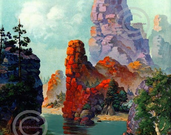 Art Deco Scenic Mountain Print, native american Indians, Rocky Cliffs, River, Indian canoe, Teepee's, wall art 1920's, Giclee Print 16x20