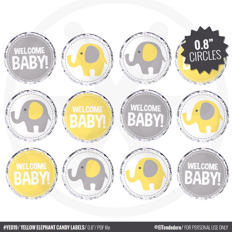 Baby Shower Candy Labels. Printable Round Stickers. Yellow and