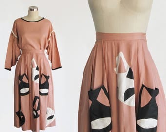 RESERVED RARE vintage pink raw silk two piece set / antique 1920s 20s style halloween costume theatre mask / high waist skirt pleated blouse