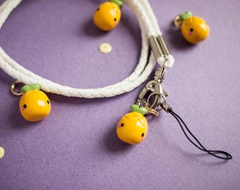 Cute Yellow Pineapple with White Phone Lanyard - Pineapple Charm with White Keys Lanyard - Pineapple Polymerclay Charm