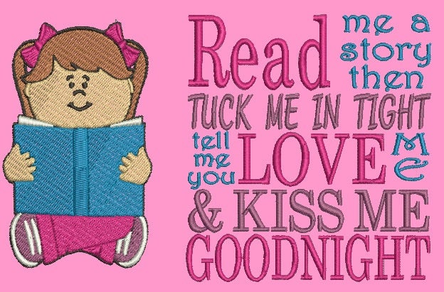 Girl Read Me a Story Bedtime Pillow Embroidery Design