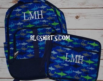 Jaw-Some Back to School Collection. Jaw-Some Shark Backpack, Lunch Bag, Pencil Case, ID Case and Hair Bow. Monogrammed Backpack. Monogrammed
