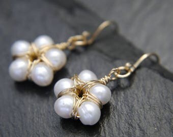 Pearl Earrings, Freshwater Pearl, Flower Earrings, Gold Filled Earrings, Wire Wrapped, White Pearl Earrings, Wedding, Bridesmaid Gift, Boho