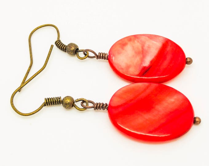 Red mother pearl earrings, stud red earrings, dangle red agate earrings, red post earrings