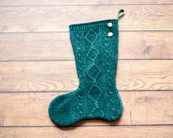 Knit Christmas Stocking from an Up-cycled green chenille sweater, Rustic Christmas stocking, holiday stocking. fully lined stocking