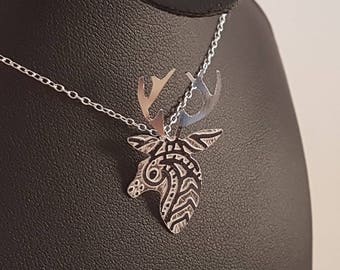 Sterling Silver Etched Mehndi Pattern Stag Necklace Pendant, Woodland Animal Pendant, Animal Jewellery, Nature Jewellery, Silver Necklace