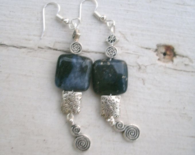 Blue Jasper Earrings with silver shapes, blue Jasper Pyrite square beads, 4 silver shapes, silver plated wires, gypsy, boho, OOAK earrings