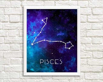 Pisces Constellation, Art Print, Watercolor, Blue, Aqua, Aquamarine, Night Sky, Space, Stars, Horoscope, Digital File, Instant Download