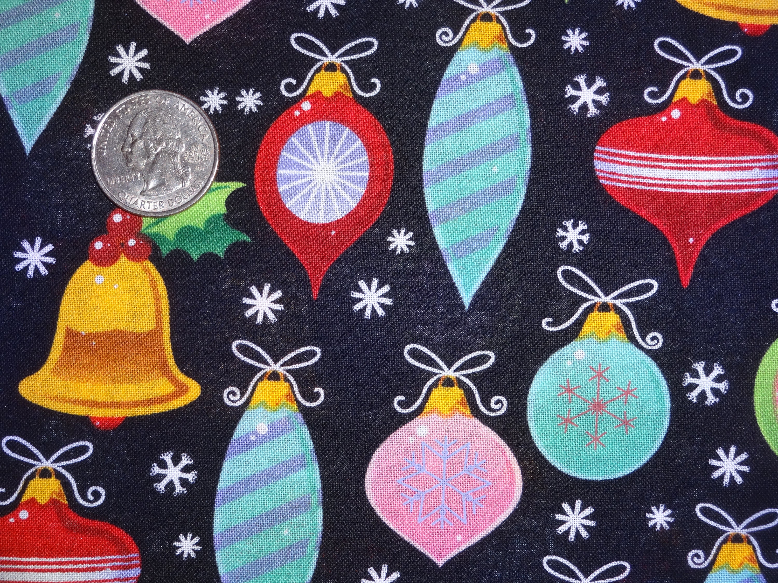 Christmas XMAS Tree Ornaments JoAnn Black Cotton Quilting Fabric BTY by