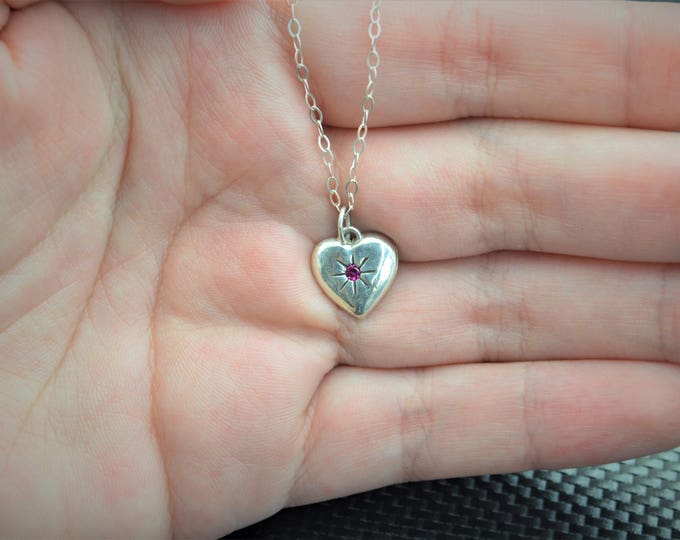 Ruby Mothers Necklace, Silver Heart Necklace, Ruby Necklace, Dainty Heart Necklace, Mothers Necklace, July Birthstone, Ruby Pendant, Natural