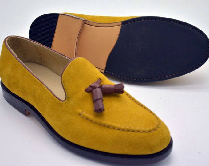 Yellow Suede Handmade Goodyear Welted Men's Tasseled Loafer Shoes