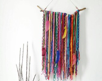 Bohemian Decor Wall Hanging, Wall Tapestry, Yarn Mobile, Boho Gypsy decor, Unusual wall decor, wood decoration