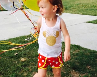 Minnie Mouse Red White Polka Dot Yellow trim Inspired Coachella tulip petal Shorts Toddler Infant Girls 0-3 mths to 8 Mickey Disney Costume