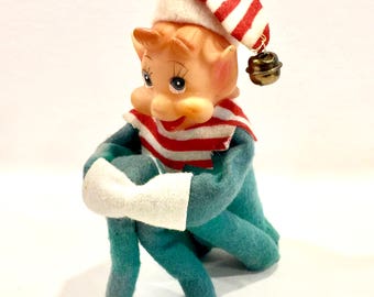 Vintage Elf Knee Hugger, Shelf Sitter, Mid Century elf, Pixie 5 inch, Red White, Green , Striped, Original Brass Bell, Japan, Circa 1950s