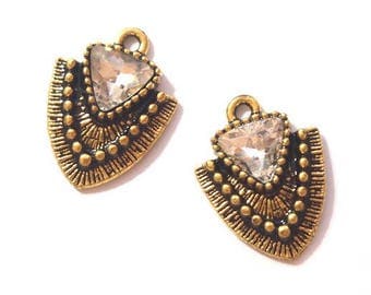 2 charms tip and ethnic rhinestone goldtone 21x16mm
