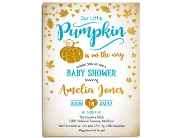 Pumpkin Baby Shower Invitation. Little Pumpkin Fall Baby Shower. Glitter Gold Blue. Gold Leaves. For Boy. Digital Printable Invites. Custom
