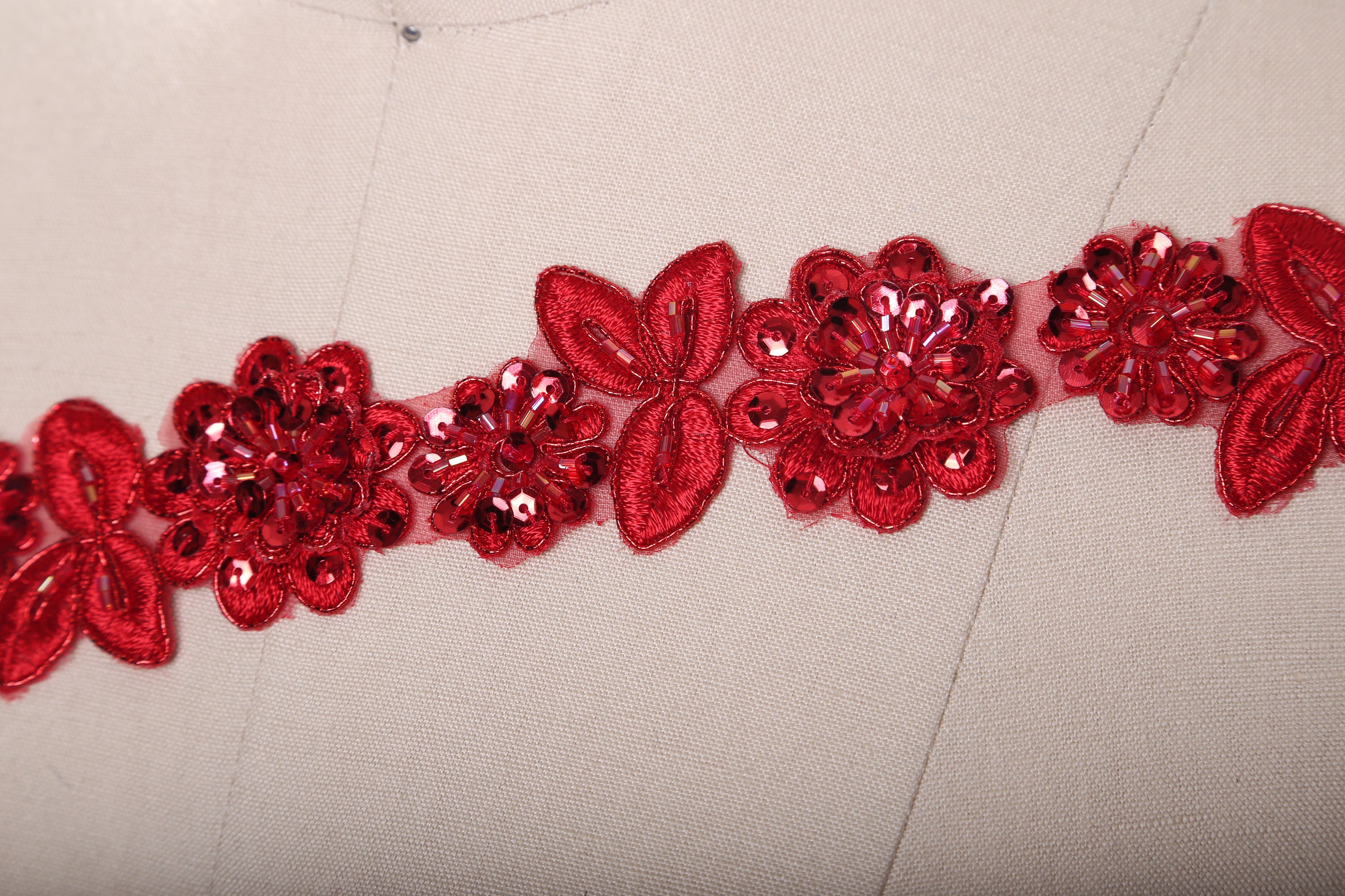 18" Red Beaded Lace Red Beaded Trim. Wonderfully Opulent Shade Sequined