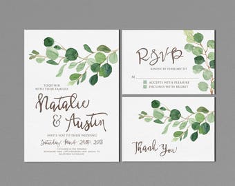 Greenery Wedding Invitation Printable, Rustic Wedding Suite, Modern Outdoor Wedding Invites, Eucalyptus Watercolor Neutral, matching RSVP