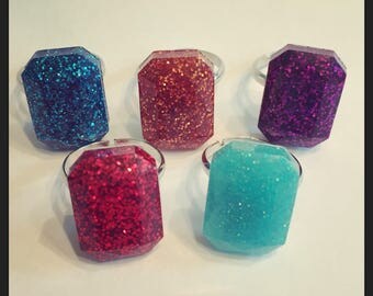 Sparkly Glitter Faceted Faux Gemstone Resin Rings, multiple colors available