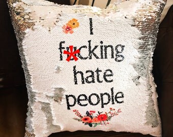 Silver Mermaid Sequin Cushions with hidden message... 'I f*cking hate people'