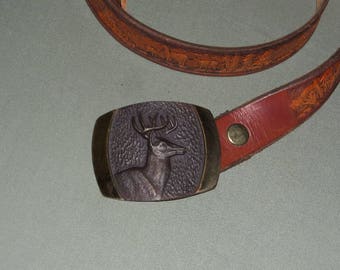 Vintage Leather Belt Deer Buckle Steven Knight 1978 | 34" Stag Leather Belt | Bronze Buckle | Hunter Man Birthday Gift, Sleepy's Hides Sides