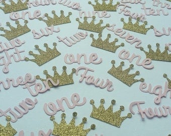 Pale pink age and gold glitter crown table confetti. Birthday age 1 2 3 4 5 6 7 8 9 10 party decor