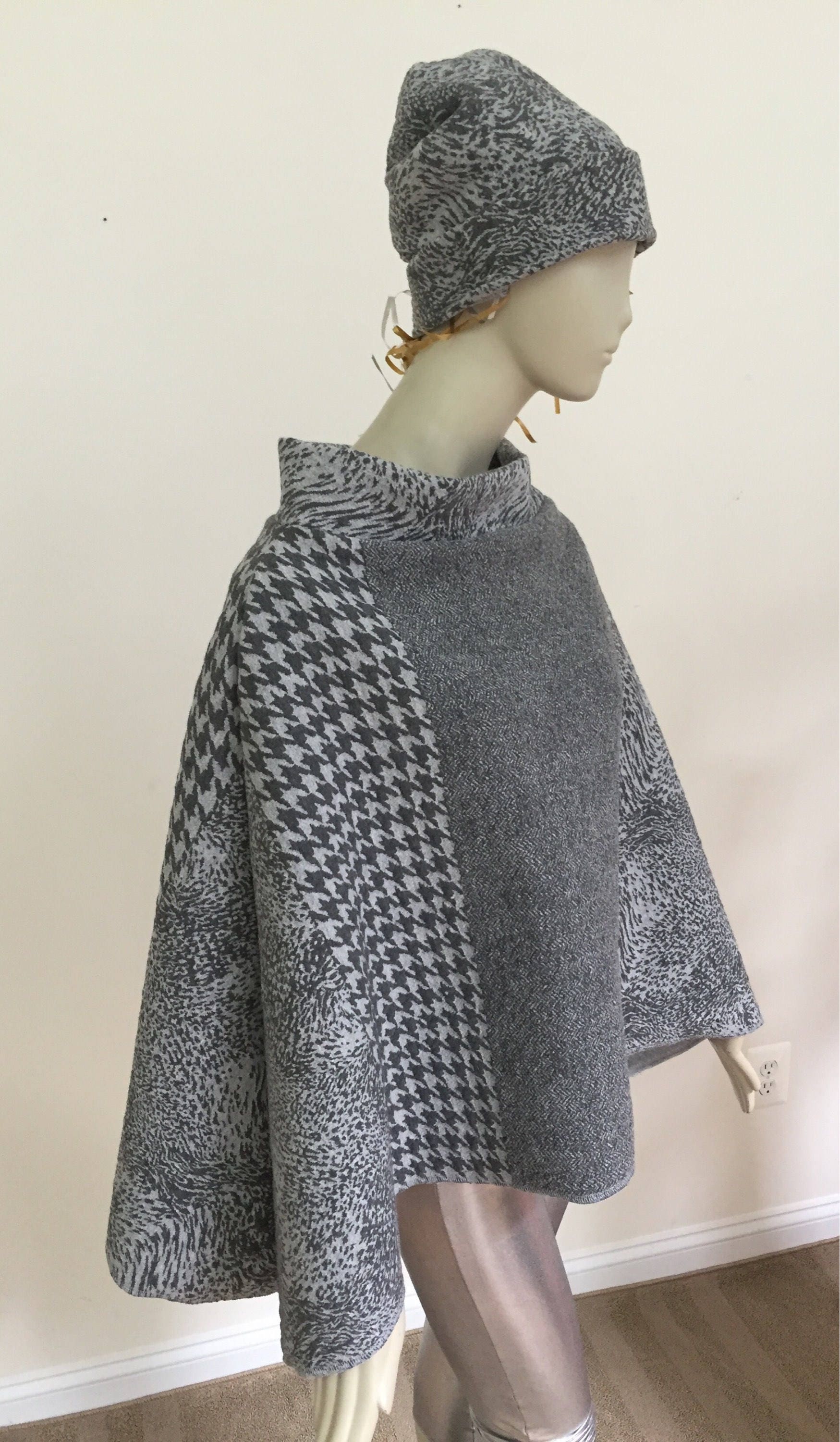 Women's Gray Poncho and Beanie Hat Set. Insulated