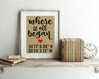 Where It All Began Burlap Print - Where It All Began Sign With Coordinates - Coordinates Print - Gift For Couple - Gift For Girlfriend