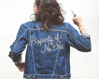 Embroidered Denim Jacket | Made to Order | Vintage | Oversized | Property of No One | 70s | 80s | Girlboss | Feminist | Eco Fashion