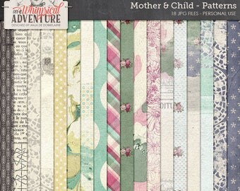 Mother, baby, child, digital scrapbooking paperpack, digital download patterns, textures, backgrounds, art journaling, floral, plaid, doiley