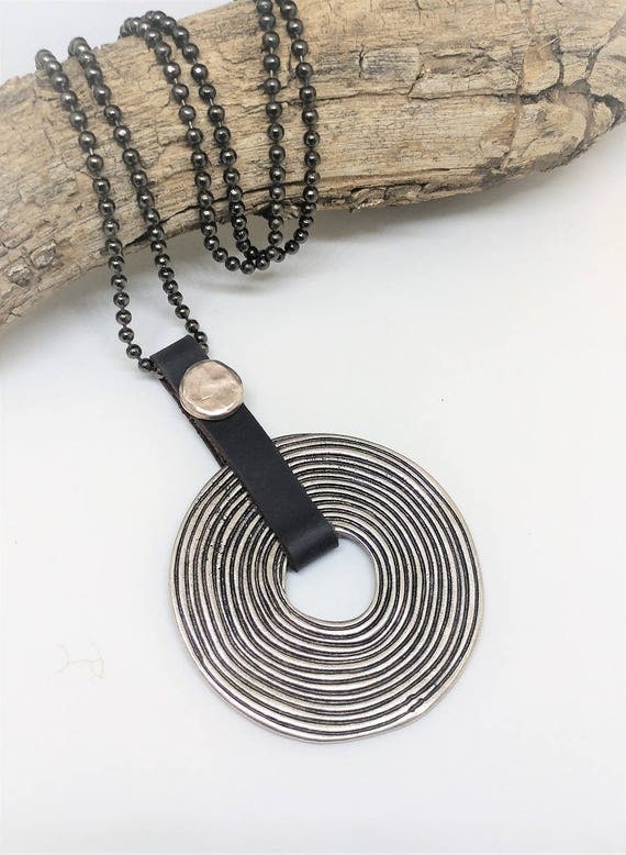 Spiral Necklace, Circle of Life Necklace, Good Luck Pendant, Statement Pendant, Round Tribal Necklace, Large Leather Necklace