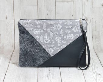 Grey clutch bag, Vegan clutch with leaves print, Fabric clutch bag, Geometric clutch evening purse, Simple clutch handmade wristlet clutch