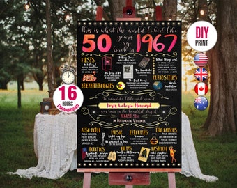 50th birthday gift for woman - 1967 Birthday Chalkboard Poster, Personalized and Printable, 001_50