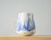 Handmade Porcelain Mug - Floral White and Blue Ceramic Coffee Mug, Handmade Pottery, White and Blue, Green and Pink Flashing