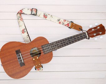 Cream Fabric Flower Ukulele Strap 3in1